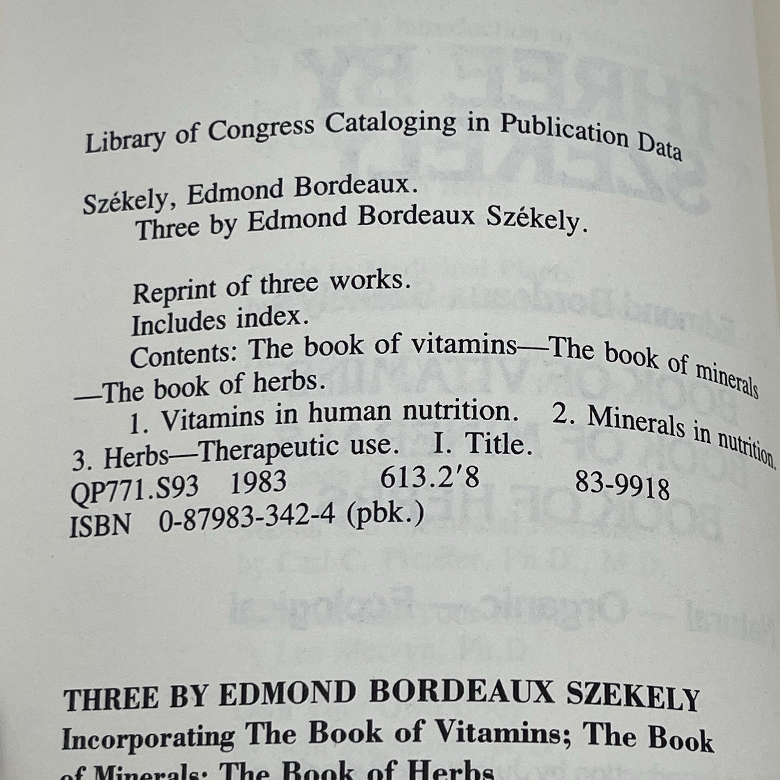 Three by Szekely Edmond Szekely 1983 Keats Paperback Vitamins Minerals Herbs