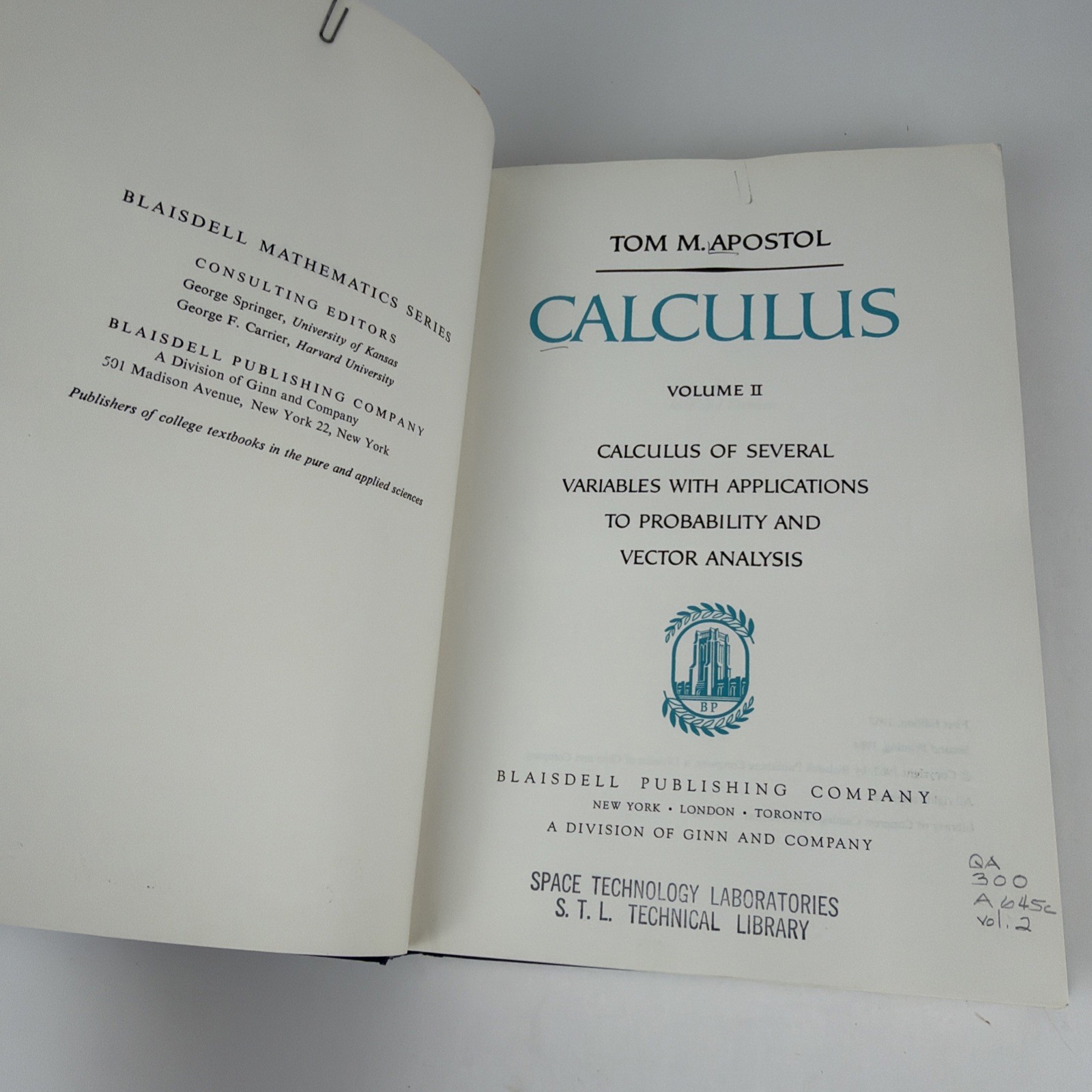 Calculus Vol 2 Apostol 1st Ed 1962 2nd Print Space Tech Labs STL Library History