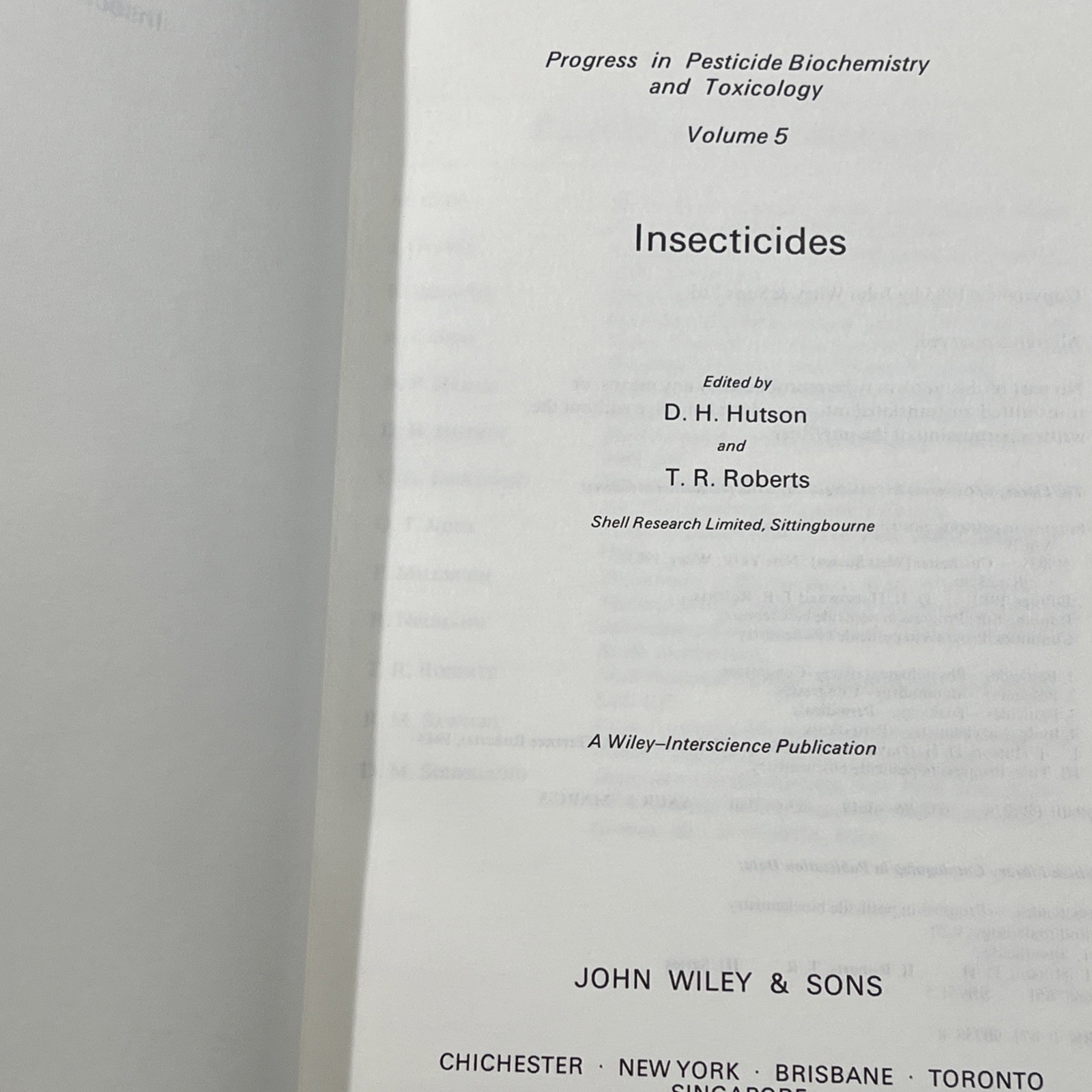 Inspecticides Volume 5 Progress in Pecticide Biochemistry & Toxicology Hutson