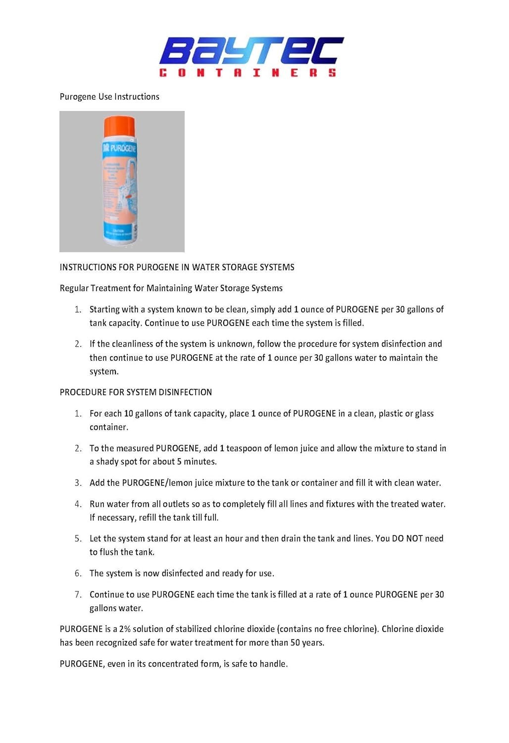 Long-Term Water Storage Treatment: 32oz Purogene Anti-Odor & Chlorine Reducer